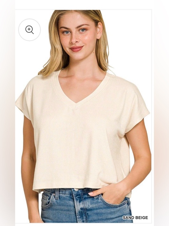 Zenana Tops - Zenana Hacci Slub SAND BEIGE V-Neck Boxy Tee